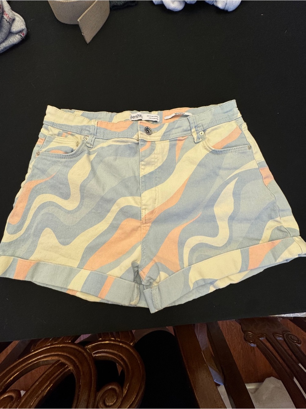 Bershka Pastel Wave Denim Shorts - Light Blue, Cream, Peach